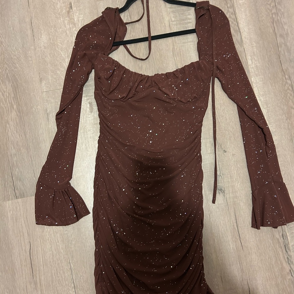 Brown Long Sleeve Sparkly Dress